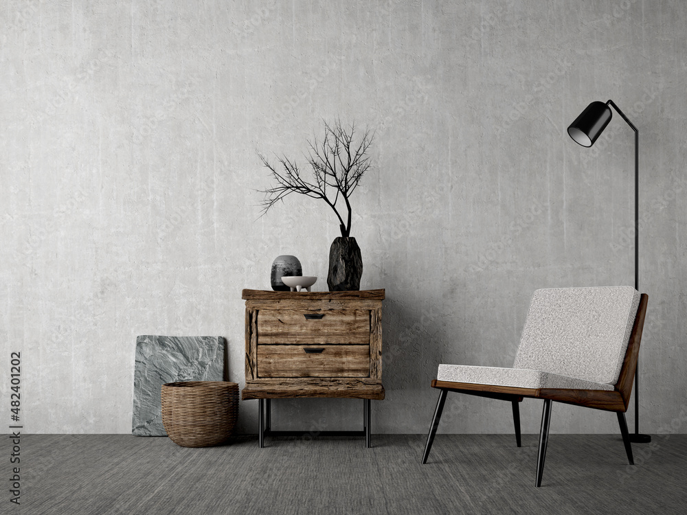 Wabi-sabi style interior mockup with chair,table,vase and floor lamp on  grunge wall background.3d rendering Stock-Illustration | Adobe Stock