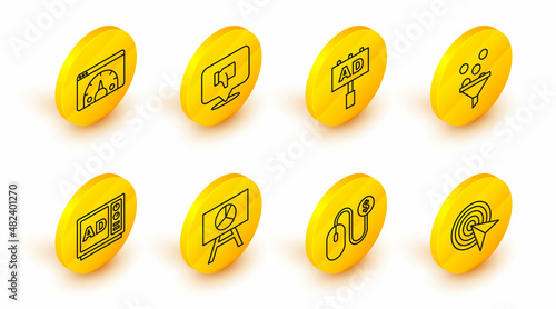 Set line Target, Advertising, Board with graph chart, Lead management, Dislike speech bubble and Website statistic icon. Vector