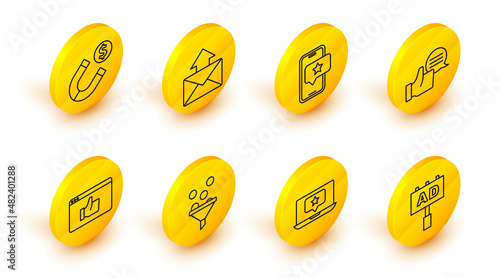 Set line Advertising, Laptop with star, Lead management, Customer product rating, Mobile review, Mail and e-mail and Magnet money icon. Vector