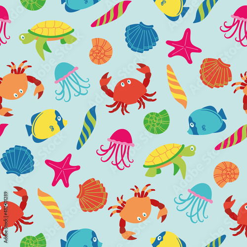 vector pattern of the sea for children, with inhabitants of the sea, shells. cute and bright