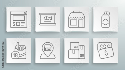 Set line Cigarettes pack box, Canned fish, Location Market store, Cash register machine, New price tag dollar, Sauce bottle and Online ordering and delivery icon. Vector