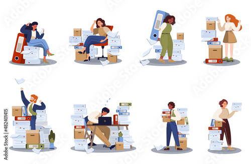 Office people with a lot of paperwork set. Deadline and busy lifestyle