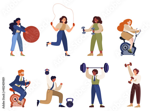 People doing sport set. Collection of different sport activity. Young adult