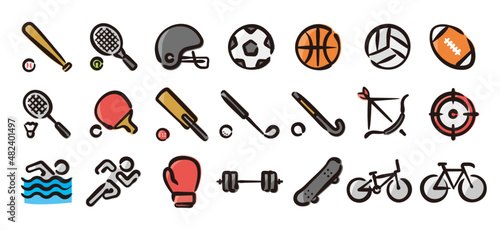Sports icon set for graphic (Hand-drawn line, colored version)