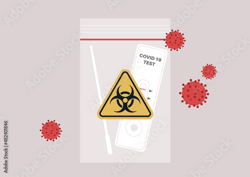 Used coronavirus rapid test kit in a plastic zip bag with a yellow triangle biohazard logo