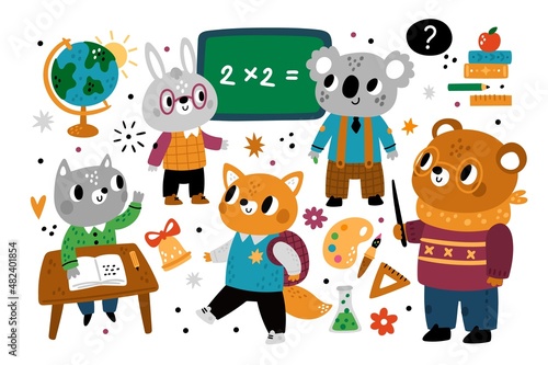 School animal characters. Forest students in uniform. Bunny with glasses. Wolf at desk pulls hand. Fox with backpack. Bear teacher. Education elements. Vector cartoon creatures set