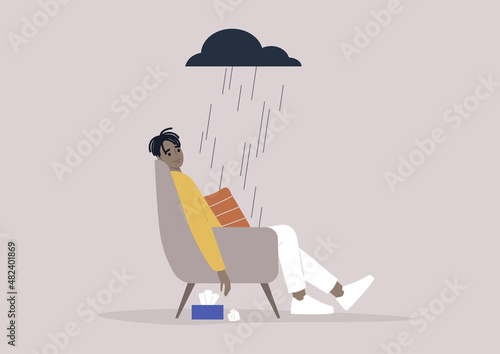 A young male African character in a bad mood sitting in an armchair, a dark rainy cloud hovering above, a depressive episode, mental breakdown