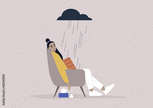 A young female Asian character in a bad mood sitting in an armchair, a dark rainy cloud hovering above, a depressive episode, mental breakdown