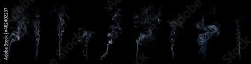 Set of white smoke on black background. Collection of spinning movement of group of white smoke, abstract line Isolated on black background
