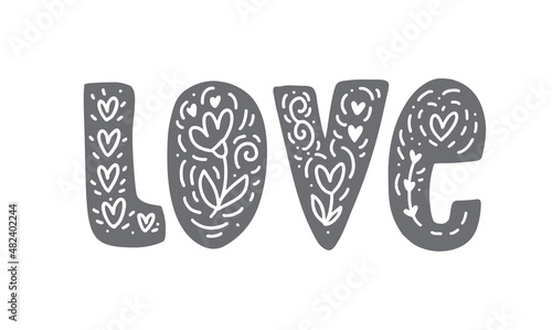 Love Vector hand drawn scandinavian lettering word. Modern brush flourish valentine text for blogs and social media. Inspiration quotes for photo overlays, greeting card, print, poster