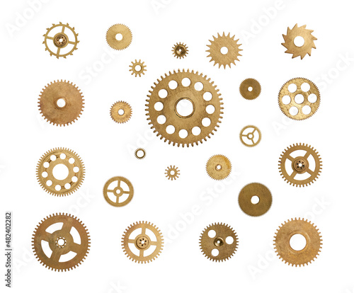 Collection of gears of different sizes on white background
