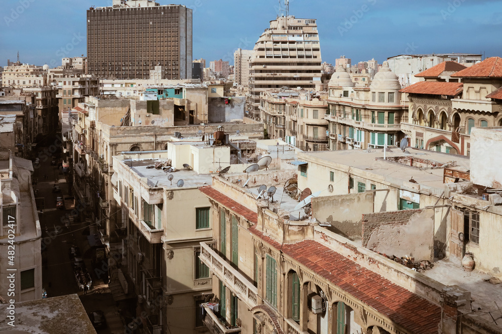Alexandria, Egypt - 12.11.2021: Old historic heritage city rooftops, arabic culture