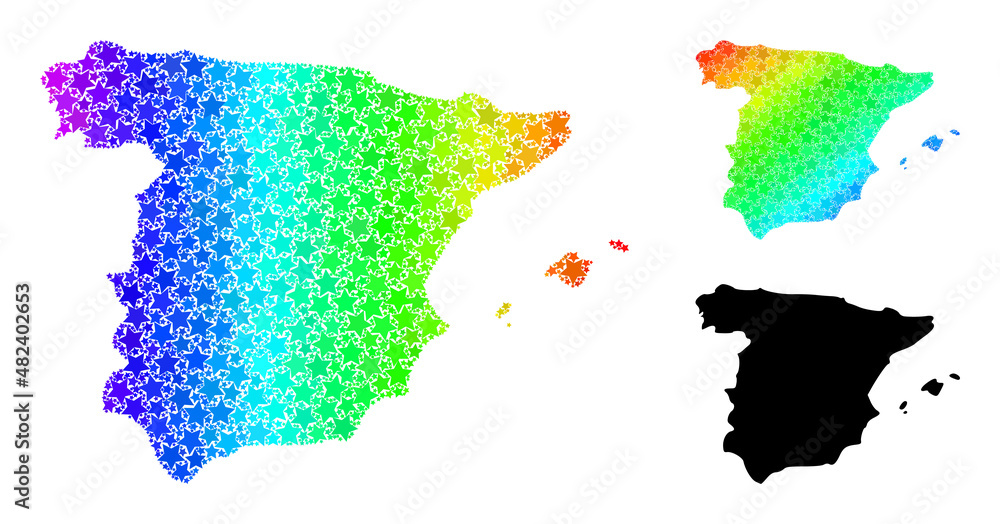 Rainbow gradiented star mosaic map of Spain. Vector colorful map of