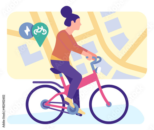 Woman riding on bicycle to sharing zone. Transport rent service