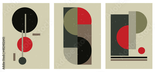 A set of three colorful aesthetic geometric backgrounds. Minimalistic posters for social media, cover design, web, home decor. Vintage illustrations with stripes, shapes, circles, lines.