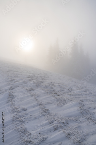 Hiking the the fog in the winter at sunrise in tyrol austria europe