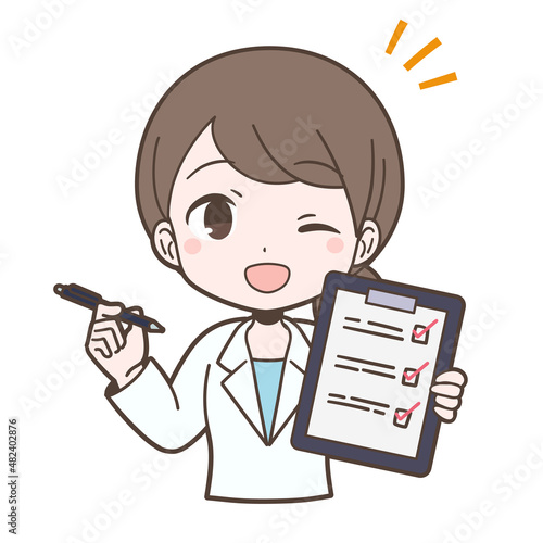白衣姿でアンケートをする若い女性