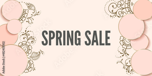 Spring Sale advertising banner design with circles and mehendi pattern on pink.