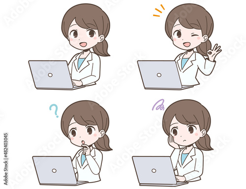 白衣姿でPCを操作する若い女性の表情セット