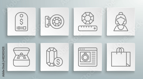 Set line Diamond engagement ring in box, Jewelry store, online shopping, Shopping bag jewelry, Gem stone, Consultant of and Price tag with dollar icon. Vector