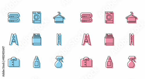 Set line T-shirt, Bottle for cleaning agent, Towel stack, Water spray bottle, Washer, Clothes pin, and icon. Vector