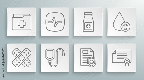 Set line Crossed bandage plaster, Heart rate, IV bag, Patient record, Certificate template, Medicine bottle pills, Donate drop blood and icon. Vector