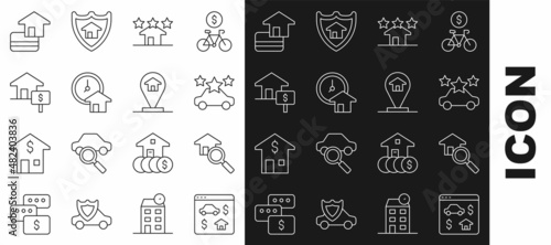 Set line Online real estate, Search house, Car sharing, Real, Time is money, House with dollar, Credit card and Location icon. Vector