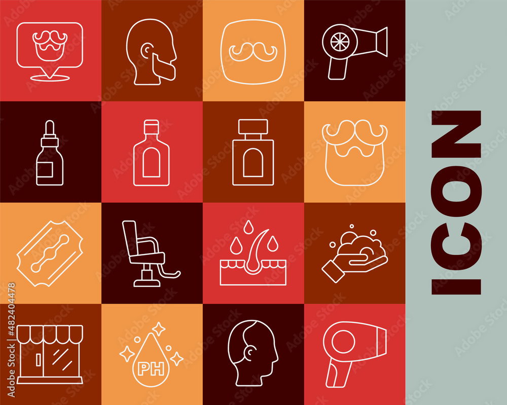 Set line Hair dryer, Shaving foam on hand, Mustache beard, Barbershop, Bottle of shampoo, Oil bottle, and Aftershave icon. Vector Set line Hair dryer, Shaving foam on hand, Mustache beard, Barbershop, Bottle of shampoo, Oil bottle, and Aftershave icon. Vector
