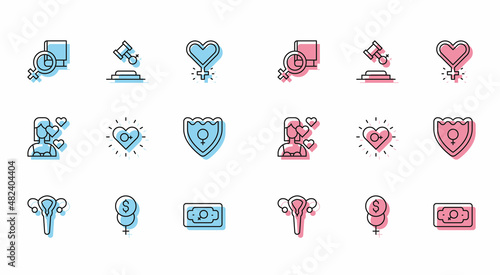 Set line Female reproductive system, Feminism finance, Book about women, Money growth woman, Gender shield,, Love yourself and rights icon. Vector