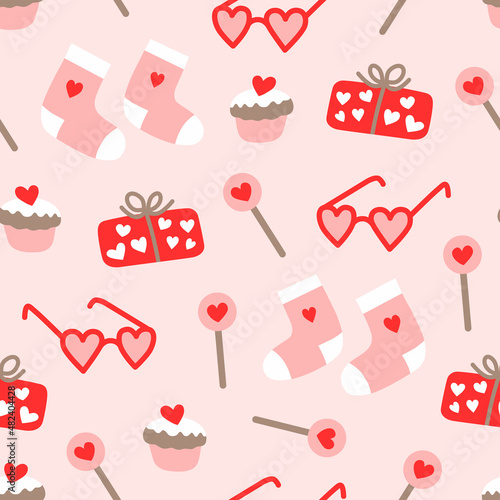 Seamless Valentines pattern with cute glasses, socks, cake, gift, lollipop