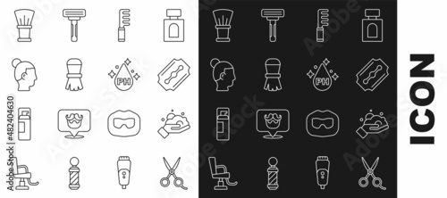 Set line Scissors hairdresser, Shaving foam on hand, Blade razor, Hairbrush, Hairstyle for men, and Oil care treatment icon. Vector