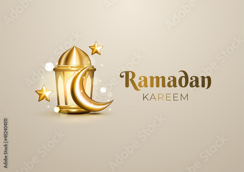 Realistic Islamic Ramadan greetings with golden crescent, star, and Arabic lantern. Luxury Ramadan Kareem background