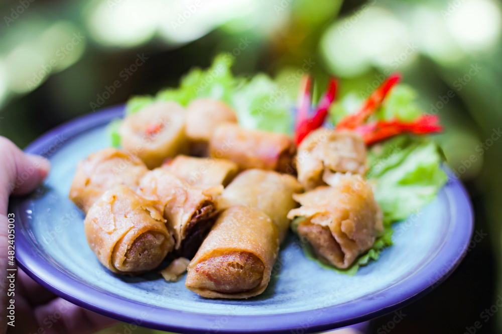 Deep fried spring rolls in blue plates with vegetables, chili and dipping sauce (Chinese food) Deep fried spring rolls in blue plates with vegetables, chili and dipping sauce (Chinese food)