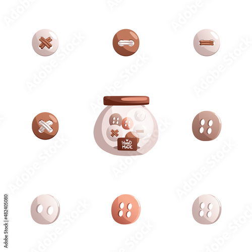 Transparent round jar with sewing buttons and handmade inscription. Set of buttons. Detailed vector illustration.