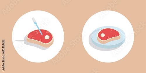 Cultured meat icon set, flat vector style illustration, lab-grown beef, isolated on background