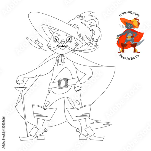 Puss in Boots. European folk tale. Сoloring page. Vector illustration..