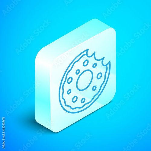 Isometric line Donut with sweet glaze icon isolated on blue background. Silver square button. Vector