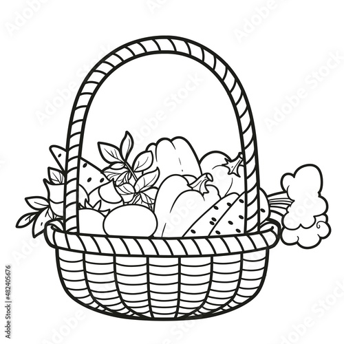 Wicker basket with vegetables outlined for coloring book on white background