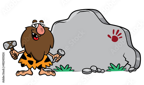 Cartoon illustration of caveman writing inscription in stone wall with hammer and chisel made of stones, best for mascot, logo, sticker, and decoration with stone age themes