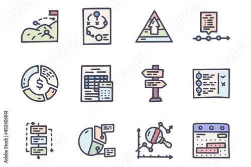 Management strategy color vector doodle simple icon set