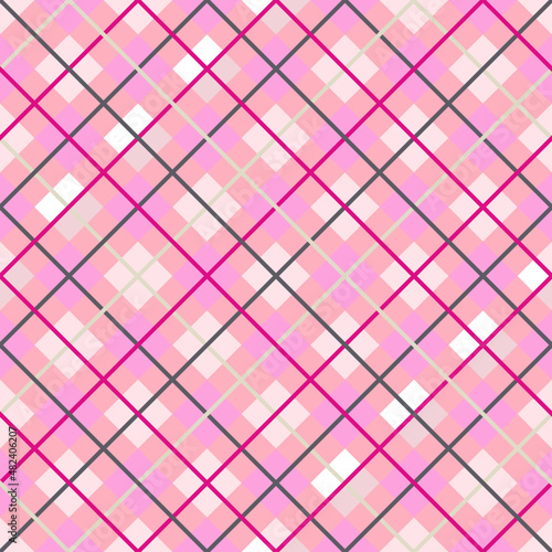 Seamless tartan plaid pattern. Checkered fabric texture print in pink, white, grey and line.