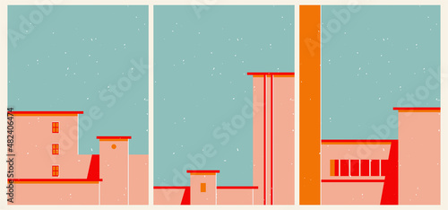 Set of three abstract minimalist backgrounds. Vector illustrations with architecture, buildings for for wall decoration, postcard or brochure, cover design, stories, social media, app design.