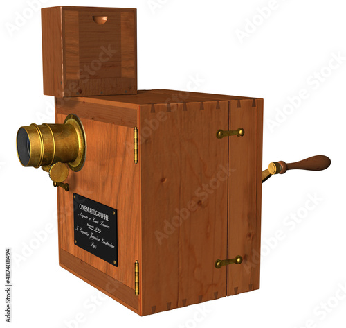 3D Rendering Illustration of an 1890s Lumière Brothers Cinematographe Prototype; with wooden body, metal components, lens, mirrors, objetive, crank, capable of capturing and projecting moving images.
