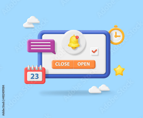 Reminder concept in 3d design mockup. Notifications. Planning organize the work time app, clock and calendar icons. time management