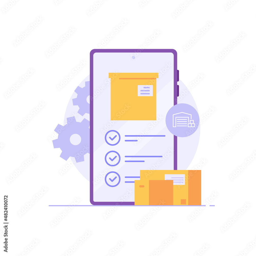 Delivery app vector illustration in flat design. Warehouse mobile application. Element for warehouse storage, global logistic industry, delivery service, stack package boxes