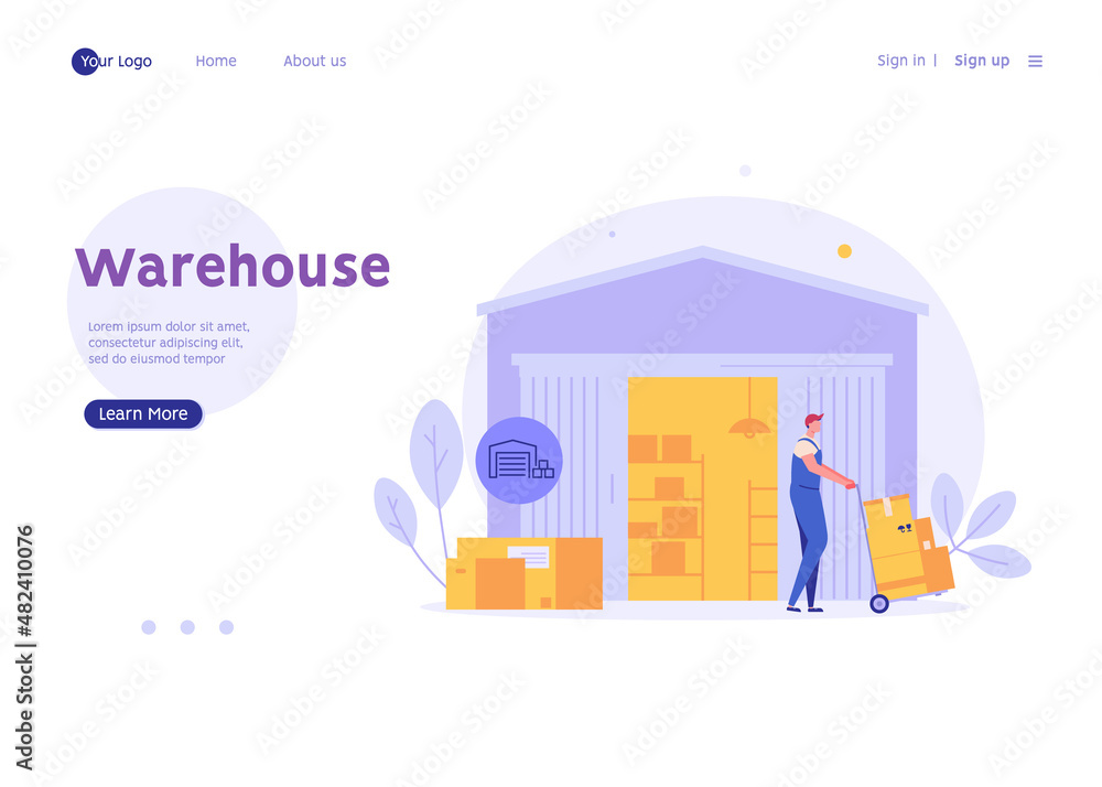 Warehouse worker with stack of boxes. Man loader carrying boxes. Courier delivering parcels. Concept of warehouse exterior, logistic industry, delivery service. Vector illustration for landing page