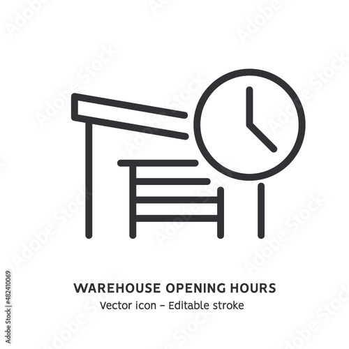Warehouse opening hours line icon. Warehouse exterior, personal garage, time of work flat outline icon. Editable stroke
