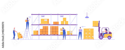 Warehouse interior vector illustration. Worker loader carrying boxes. Warehouse manager checks package. Forklift packaging stack boxes on pallet. Concept of warehouse storage, global logistic industry