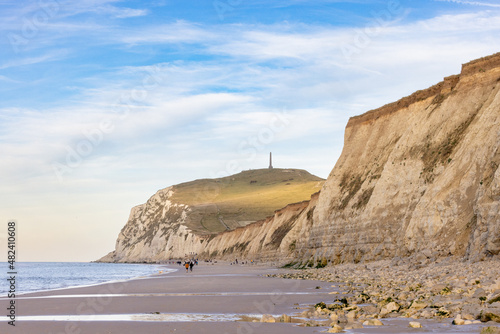 Seascape of the opal coast of Cap Blanc Nez, showing the Monument at Cape white Nose France on top of the chalk cliffs. High quality photo photo