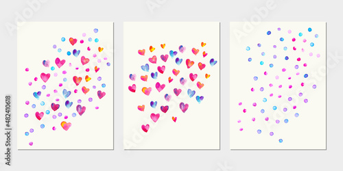 Hand drawn watercolor card with heart shapes and dots texture